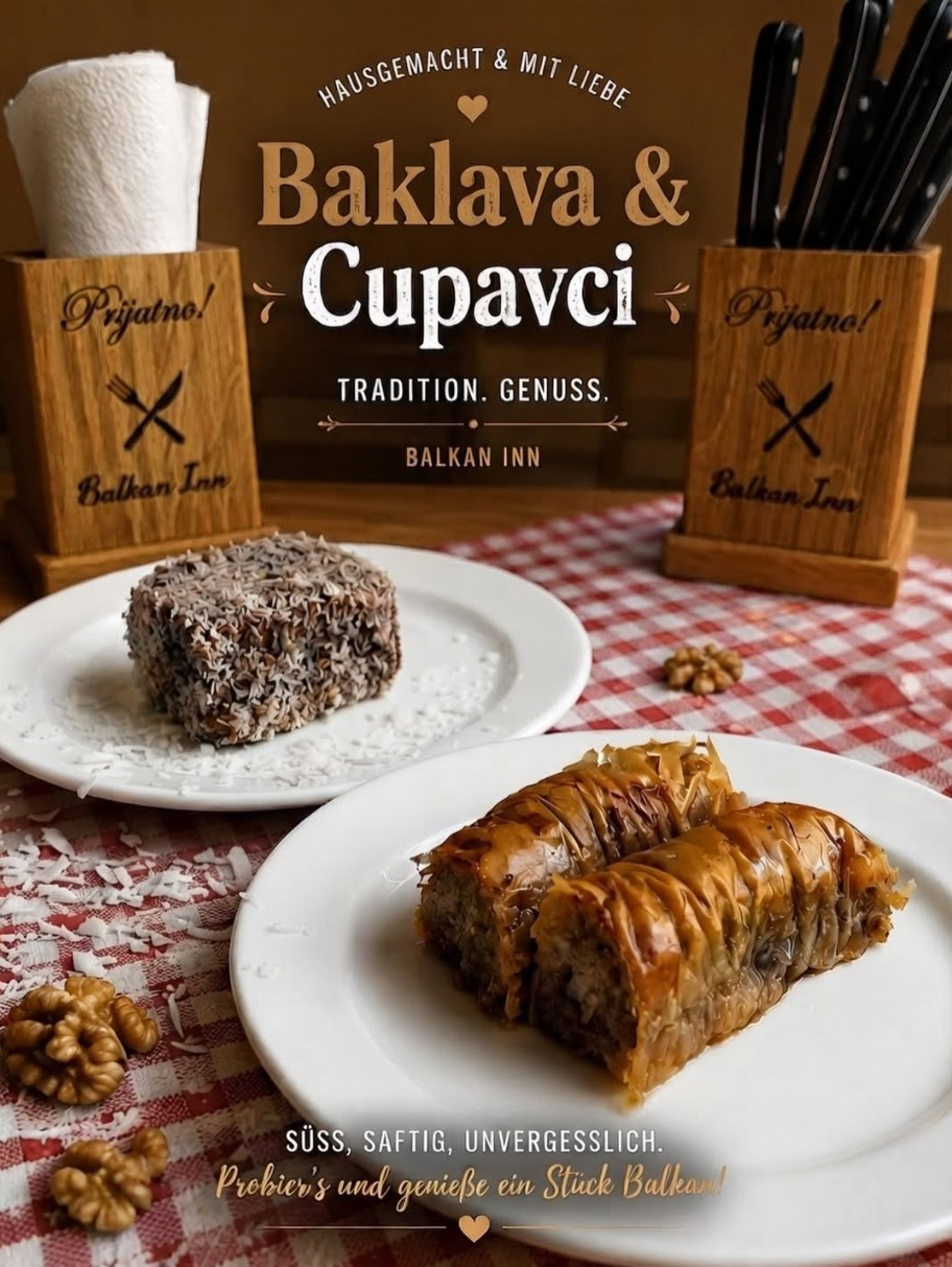 Hausgemachte Baklava und Ćupavci auf dem Balkan Inn Tisch